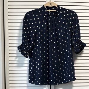 Ted Baker London Navy Blue Metallic Gold Polka Dot Puff Sleeve Blouse — Size 1